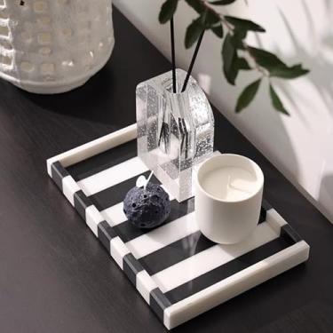 Imagem de Bandeja de mármore branco, pedra natural, prateleira de armazenamento doméstico, suporte de acessórios, quarto, banheiro, joias, perfume, decoração de mesa (retangular preto e branco)