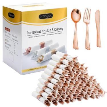 Imagem de Conjunto de talheres de plástico ISFANGCO Rose Gold, pacote com 50 gua