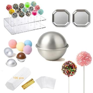 Imagem de Kit de fazer bolo pop com molde de bola de metal – Conjunto de moldes de bolo redondo DIY com suporte de exibição, palitos de pirulito, invólucros e bandeja – Kit de decoração fácil de bolo pop para