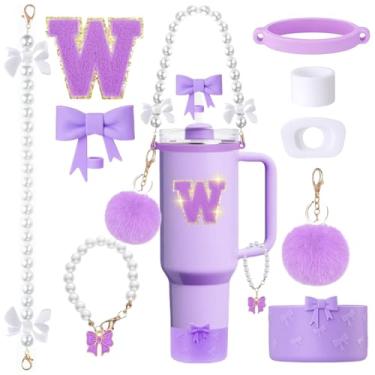 Imagem de MOTEERLLU Conjunto de acessórios de copo Stanley roxo de 9 peças para copo de 850 g 1,786 g com alça, incluindo enfeite de palha de arco e bota, alça de alça de pérola e pingente de alça, adesivo de