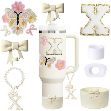 Imagem de Conjunto de acessórios de copo Stanley branco de 13 peças para copo de 850 g 1,134 g com alça, incluindo pingente de alça, adesivo inicial personalizado, topo de palha, bota de silicone, tampa à prova