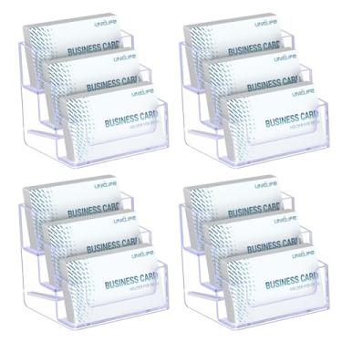 Imagem de Uniclife Pacote com 4 porta-cartões de visita de acrílico para mesa, 3 compartimentos, suporte de exibição transparente para homens e mulheres, organizador de cartões de visita para escritório e casa