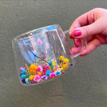 Imagem de Xícara de Vidro Parede dupla com Flores Secas Coloridas 110ml café chá capuccino