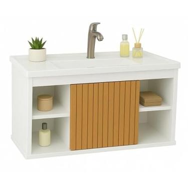 Imagem de Conjunto Gabinete Cuba E Espelheira Para Banheiro Completo Com Nichos Porta Espelho (Branco/Ripado)