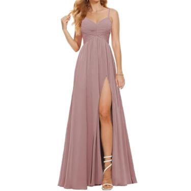 Imagem de Alças De Espaguete Femininas Vestidos De Dama De Honra Para Casamento Chiffon Longo Vestido Formal Com Fenda Vestido De Noite Com Decote Em V, Dusty Rose, 18
