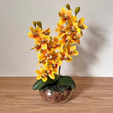 Imagem de Orquídeas Artificiais com Vaso Decorativo Vidro, Arranjo Flores para Decoração (Amarela)