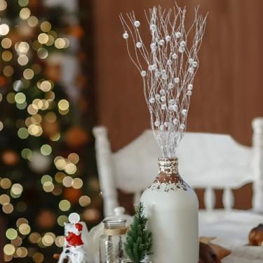 Imagem de Ornamentos artificiais de árvore de Natal com glíter, galhos brilhantes, guirlanda de Natal, decorações de festa de ano novo, prata com bola