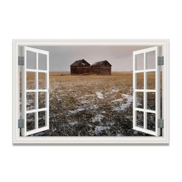 Imagem de LKXGRRSFG Log CabinImmersive Impressão em tela de janela falsa, arte de parede cênica virtual para decoração de sala de estar 39,9 x 59,9 cm sem moldura