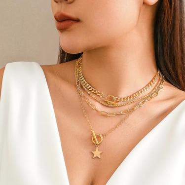 Imagem de Conjunto de colar em camadas para mulheres, pingente de estrela e planeta, corrente multicamadas, bijuteria, acessórios modernos para festas, 17.72inch, Liga de aço, Sem Pedra Preciosa