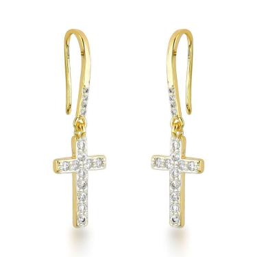 Imagem de Brincos Com Gancho E Cruz De Zircônias Cristais Banhados A Ouro 18k