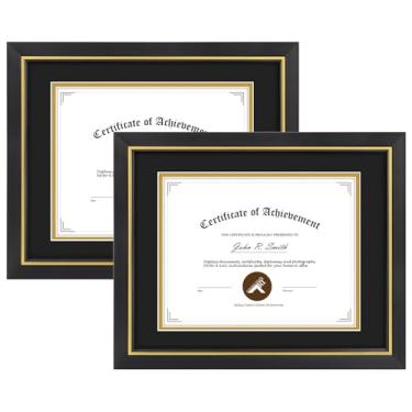 Imagem de Moldura para diploma de 28 x 35 cm preta com acabamento dourado - Display 21 x 28 cm com tapete duplo preto sobre ouro ou certificado de 28 x 35 cm sem tapete - Madeira com vidro temperado - Exibição