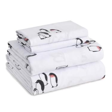 Imagem de LONAVA Jogo de cama de flanela 100% algodão orgânico, 4 peças, quente e aconchegante, aveludado, macio, pesado - flanela escovada dupla, lençóis de cama com bolso profundo de 41 cm, (Queen, Peguin)