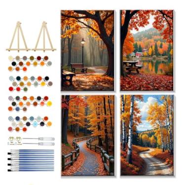 Imagem de YOYA Pacote com 4 kits de pintura emoldurada por números para adultos - kits de pintura de outono por números em tela com cavalete, pintura de paisagem de outono DIY por número tela emoldurada para