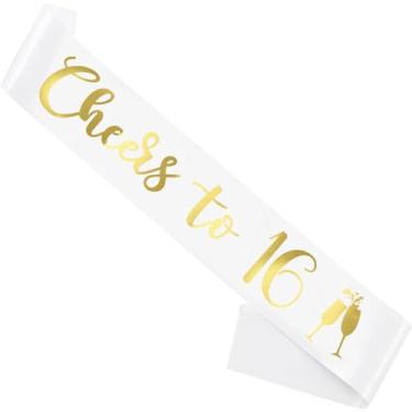 Imagem de Faixa de aniversário branca, "Cheers To 40.6 cm, faixa de aniversário para meninas, mulheres e homens, com letras douradas para lembrancinhas de festa engraçadas, ouro branco 16
