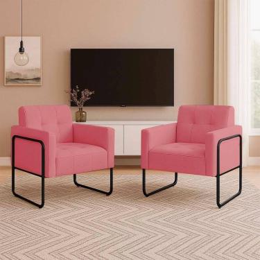 Imagem de Poltrona Sala Industrial Alta Tubo Preto Kit 2 Elisa Suede Rosê D03 - D`rossi