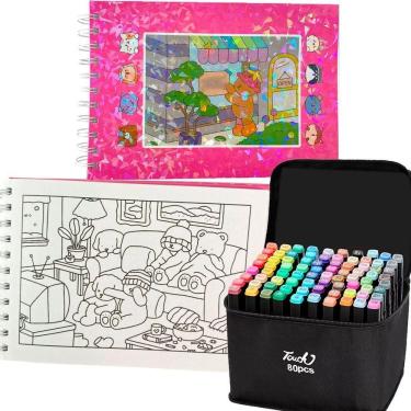 Imagem de Livro De Pintar Color Com Canetinhas 80 Cores 100 Paginas Capa Dura Estojo Caneta Permanente Ponta Dupla