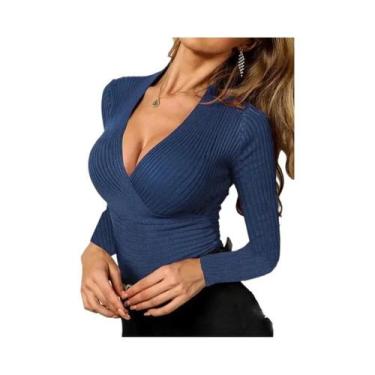 Imagem de Suéter Feminino Slim Fit De Tricô Com Decote Em V Preto E Branco Elega