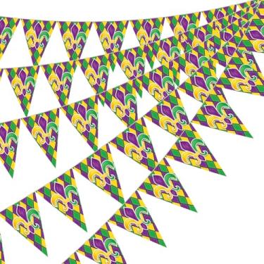 Imagem de Hahafelt 5 peças de decoração de festa de carnaval verde roxo dourado bandeira carnaval pendurada guirlanda de bandeira para interior ao ar livre aniversário baile de máscaras carnaval suprimentos de