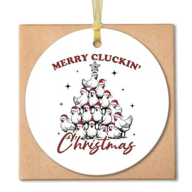 Imagem de Guymn Enfeites de árvore de Natal de galinha, enfeites de Natal rústicos para árvore, presentes para amantes de frango, ornamento engraçado de cerâmica de Natal de animais de fazenda de Papai Noel