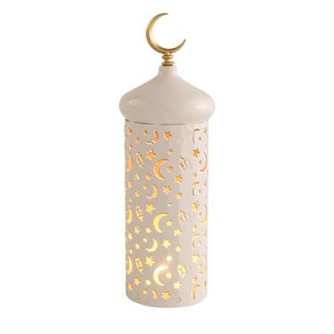 Imagem de flangairy Lanterna de Ramadã de 30 cm com luzes LED, suporte de vela de mesquita de lua de metal para decoração de mesa, prateleira interna, decoração islâmica para casa, decoração islâmica para casa
