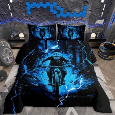 Imagem de Feelyou Conjunto de cama infantil Dirt Bike, tamanho Queen, para esportes radicais, motocross, ultramacio, para decoração de quarto de motocicleta, azul