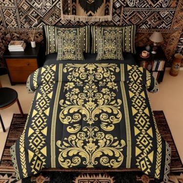 Imagem de Conjunto de cama king size estilo ocidental antigo, decoração antiga, 7 peças - Conjunto de cama com edredom e lençol geométrico, asteca, geométrico, barroco, vintage, floral, gótico, decoração boêmia