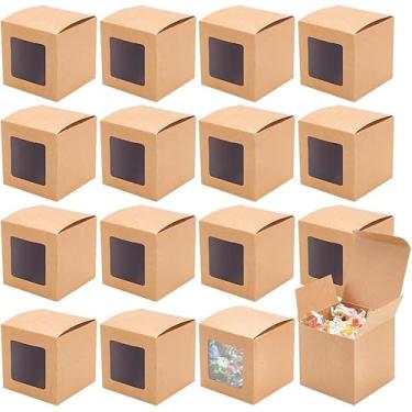 Imagem de 20 pacotes de caixas de presente quadradas de 7 x 8 x 7 cm com janela transparente, caixas de padaria BurlyWood Kraft, caixas de embalagem de presente para aniversários, casamentos, formatura