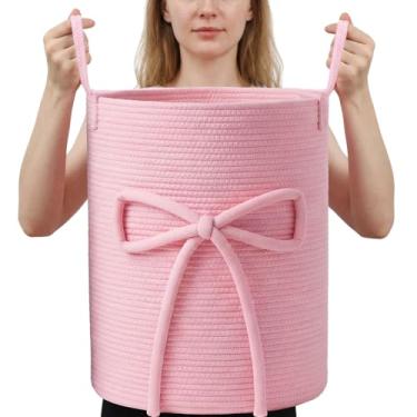 Imagem de Glooglitter Cesta de roupa suja com laço rosa, grande, cesta de corda de algodão, armazenamento com alças para roupas, cobertor, brinquedos, almofada, toalhas, sala de estar, banheiro