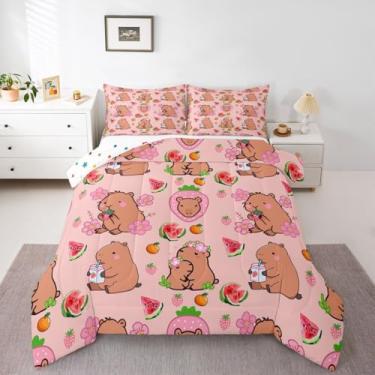Imagem de Jogo de cama solteiro para amantes de capivara, decoração de capivara, para quarto de crianças, meninas, desenho animado, animais roedores, edredom acolchoado, capivara, melancia, morango, decoração