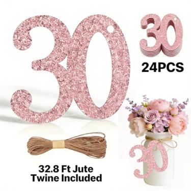 Imagem de ALISSAR 24 peças, ouro rosa, 30 etiquetas numéricas com barbante de juta de 32,8 m – decorações de aniversário de 30 anos, artigos de festa de 30 anos, peças centrais de pote de pedreiro, kit de