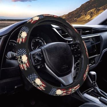 Imagem de FeHuew Capa de volante de caveira humana com bandeira americana para mulheres, meninas, 38 cm, capa de volante universal para carro, antiderrapante, adequada para veículos, caminhões, SUV