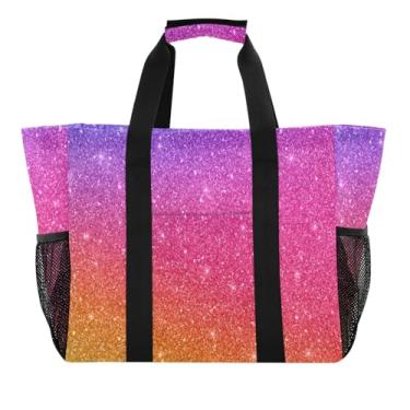 Imagem de ODAWA Bolsa de praia para férias azul e amarelo roxo gradiente resistente à água, bolsa leve de verão