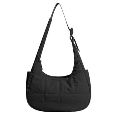 Imagem de Bolsa de ombro pequena crescente para mulheres, bolsas acolchoadas de nylon, bolsas casuais, bolsa fofa, com alça ajustável, Preto, One Size