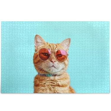 Imagem de Quebra-cabeças de gato com óculos de sol em azul para adultos 500 peças divertidas cenas de inverno bobas, pintura de decoração de arte personalizada, 52 cm x 37,8 cm