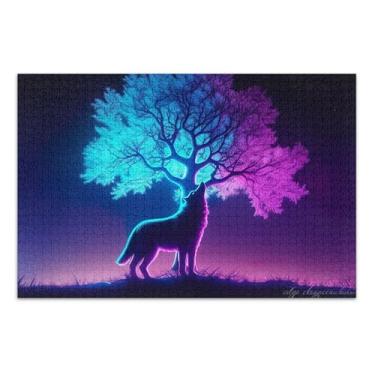 Imagem de Quebra-cabeças para adultos 1000 peças engraçadas roxo azul lobo céu árvore desenho animado animal adultos arte elefante branco presentes engraçados, 75 x 40 centímetros