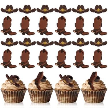 Imagem de 24 peças de topo de cupcake de cowboy chapéu de festa ocidental bota cupcake anel decorações de bolo de rodeio para tema ocidental aniversário chá de bebê decoração de bolo suprimentos de festa