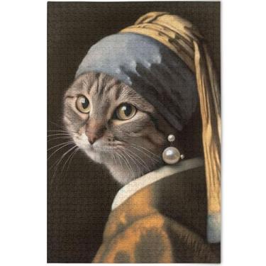 Imagem de Quebra-cabeça de gato engraçado com brinco de pérola para adultos personalizado 1000 peças arte elefante branco quebra-cabeça duro desenho animado arte animal, 75 x 50 cm
