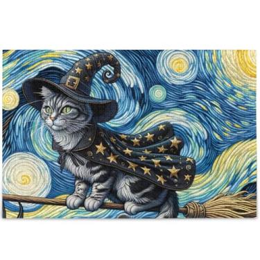Imagem de Quebra-cabeça de bruxa gato noite estrelada adulto 500 peças presentes elefante branco engraçado arte prima arte personalizada flor animal, 52 cm x 37,8 cm