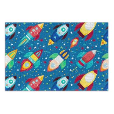 Imagem de Quebra-cabeça adulto 500 peças presentes para elefante branco jogo divertido quebra-cabeça arte brinquedo pintura colorida desenho animado foguete espaço azul, 20,5 x 14,9 polegadas