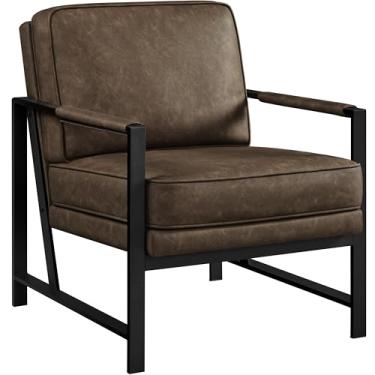 Imagem de Yaheetech Poltrona de couro PU, cadeira retrô de lazer com acolchoamento e almofada extra macios, cadeira de braço de leitura moderna com moldura de metal preto para sala de