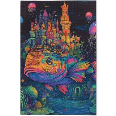 Imagem de Quebra-cabeça engraçado da cidade dos peixes marinhos caprichosos 500 peças presentes de jogo para adultos amigos família quebra-cabeças personalizados natureza pintura de belas artes, 52 cm x 37,8 cm