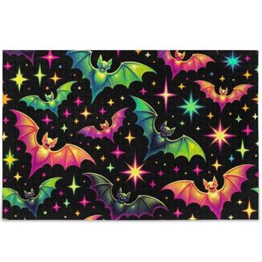 Imagem de Quebra-cabeça de Halloween neon morcegos estrelas 500 peças para adultos jogo engraçado natureza divertido quebra-cabeça personalizado decoração de arte animal, 52 cm x 37,8 cm