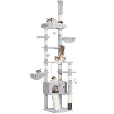 Imagem de Hey-brother Árvore para gatos, 240 a 297 cm, altura ajustável do chão ao teto, torre de escalada para gatos grandes e adultos com poste para arranhar, cando, cinza claro 0MPJ091W