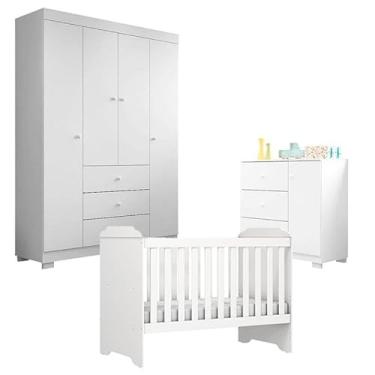 Imagem de Quarto de Bebê Duda 4 Portas com Berço Americano Mini Cama Mel Branco Brilho - Phoenix Baby