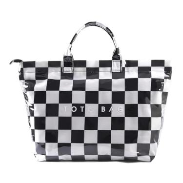 Imagem de hibear Bolsa feminina grande, de plástico, transparente, com letras de PVC, papel kraft, Hobo com alça (A-1-Checkered), A-1-quadriculada, A-1-quadriculado