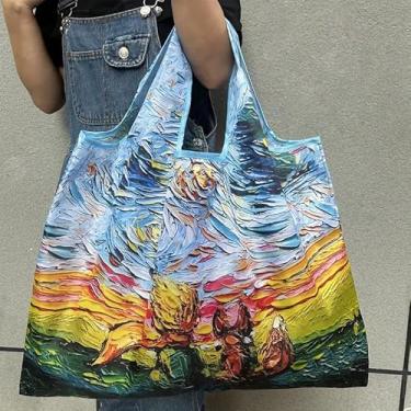 Imagem de Sacola reutilizável de grande capacidade com design chique de pintura a óleo, bolsa de compras de nylon leve e dobrável para mulheres, perfeita para supermercado, cozinha e itens essenciais de jantar