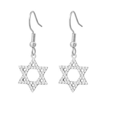 Imagem de PDOUSELF Brincos requintados com pingente de estrela de Davi com strass para mulheres de aço inoxidável, brincos de estrela judaica para mulheres, presentes judaicos, joias, One Size, Aço inoxidável