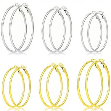 Imagem de 3 pares de brincos de argola para mulheres, aço inoxidável 30/40/50 mm prata 14 K, brincos de argola banhados a ouro 14K, conjunto de brincos finos hipoalergênicos grandes para mulheres, Medium, Aço