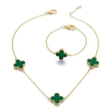 Imagem de Choker Gargantilha e Pulseira Kit Trevo de Quatro Folhas Folheado Ouro 18K Joia Feminina Elegante Delicada (Dourado)