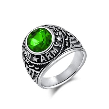 Imagem de SINLEO Anel masculino de aço inoxidável vintage pedra pedra emblema nacional anéis de sinete redondo joias legais do exército, Metal, Sem pedra preciosa